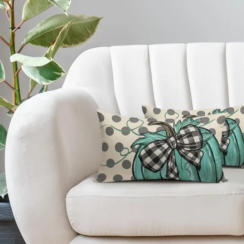 Miniatura 5 de Juego de 2 fundas de almohada lumbares de calabaza con lunares otoñales de 12 x 20 pulgadas, cosecha de otoño, Acción de Gracias, color verde