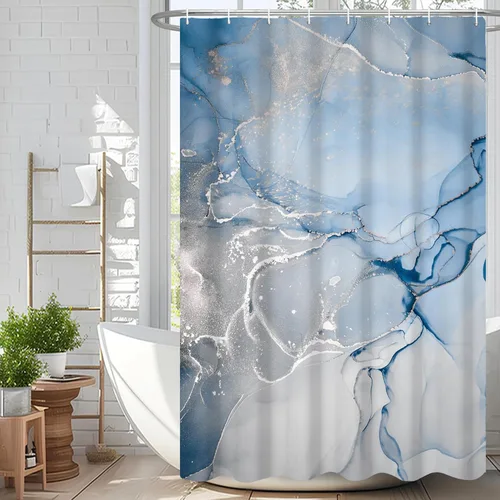 Miniatura 34 de Cortina de ducha abstracta de mármol negro gris y dorado con grietas, cortina de baño moderna ombre impresa, cortina impermeable y lavable de tela