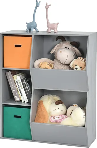 HONEY JOY Organizador de almacenamiento de juguetes para niños con 5 cubículos, estantería y estantería para niños con 2 cajas de almacenamiento,