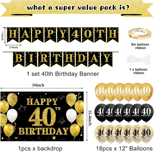 Miniatura 3 de Kit de 32 piezas de decoración de cumpleaños 40 para hombres y mujeres, pancarta de feliz cumpleaños número 40, globos colgantes de remolinos
