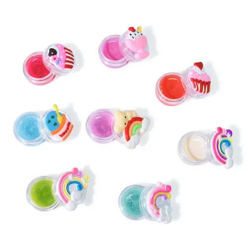 Miniatura 5 de Mebtmel 8 piezas de brillo labial lindo para niñas, set de bálsamo labial para regalos de fiesta para niños, sabores surtidos afrutados con diseños