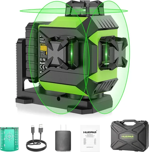 Huepar Nivel láser 3 x 360 Láser autonivelante de línea cruzada Láser láser 3D verde con modo de pulso Herramienta láser de alineación con batería
