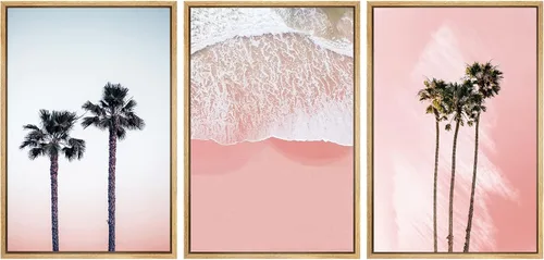 Miniatura 125 de SIGNWIN Conjunto de arte de pared de lienzo enmarcado, acuarela pastel, cielo de nubes rosas, colina verde del campo, naturaleza, vida silvestre