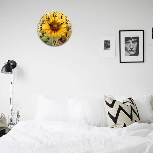 Miniatura 4 de Relojes de pared de 16 pulgadas, girasol con abejas y hojas, movimiento de cuarzo decorativo de madera, número arábigo, mariposa, girasol, reloj