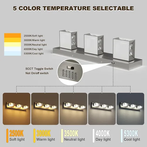 Miniatura 2 de Joossnwell Lámpara de tocador de baño de níquel cepillado con cristal, iluminación LED regulable de 5CCT para baño, sobre espejo