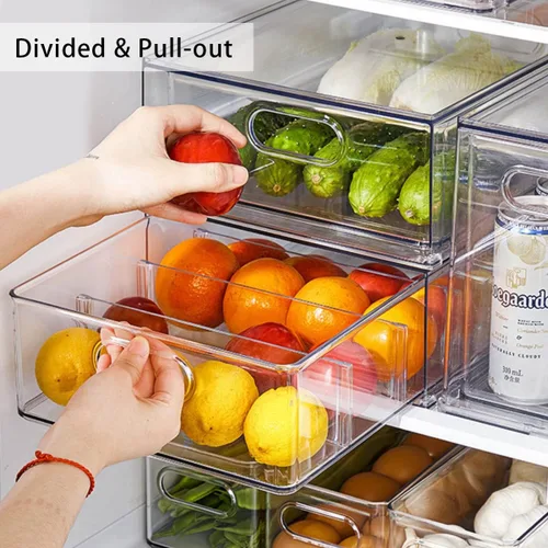 Miniatura 5 de Mano Paquete de 3 contenedores apilables extraíbles para nevera con asa, organizador transparente para almacenamiento de alimentos, caja