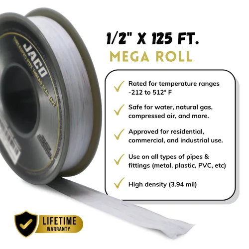 Miniatura 3 de JACO ThreadPro Cinta de sellado de rosca de alta densidad - 1/2 pulgada x 125 pies (Mega rollo) Sellador profesional de tubos de PTFE Cinta
