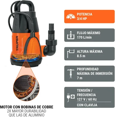 Miniatura 2 de TRUPER BOS-3/4LP Bombas de agua limpia sumergibles 3/4Hp (560 w)