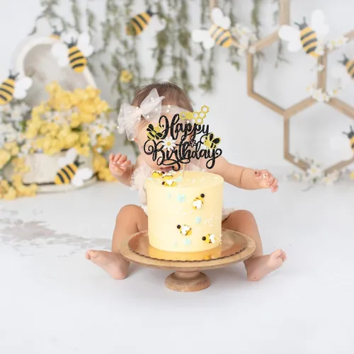 Miniatura 4 de 1 decoración para pastel de cumpleaños con purpurina de panal de abeja y flores, selección de pastel de feliz día para baby shower, suministros