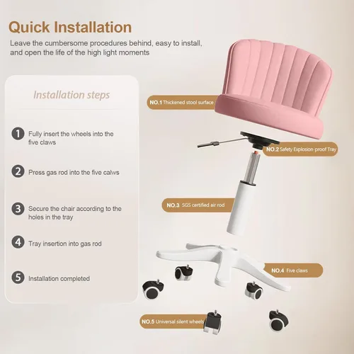 Miniatura 4 de Silla Pequeña Redonda de Escritorio con Ruedas Sin Brazos Cómoda Silla de Tocador para Computadora con Respaldo Bajo de Cuero PU Altura Ajustable