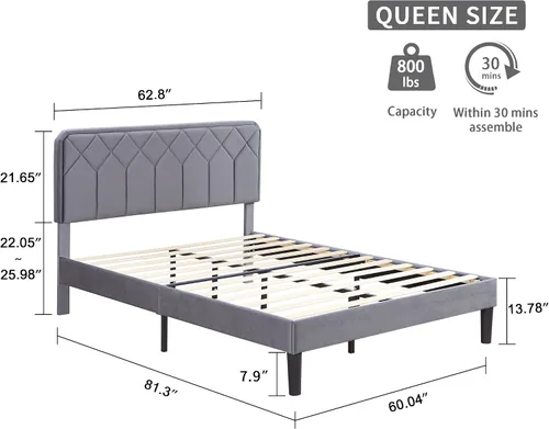 Miniatura 2 de VECELO Base de cama tamaño Queen con plataforma tapizada de cuero de alta calidad con cabecera ajustable en altura / base de colchón, soporte