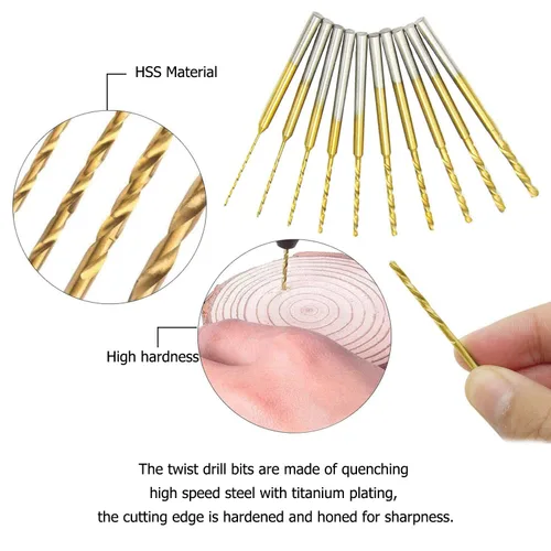 Miniatura 3 de Juego de 10 mini brocas helicoidales – Brocas de micro grabado, vástago HSS de 0.014 in recubierto de titanio de 0.024 in a 0.087 in, herramienta