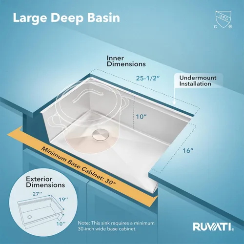 Miniatura 4 de Ruvati - RVH8570 - Fregadero de cocina calibre 16 de 27 in con estación de trabajo, drenaje desplazado y superficie inferior inclinada