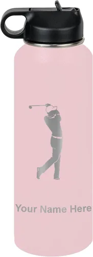 Miniatura 16 de LaserGram Botella de agua personalizada, golfista de golf, acero inoxidable de doble pared aislada al vacío con popote superior, regalo grabado Negro