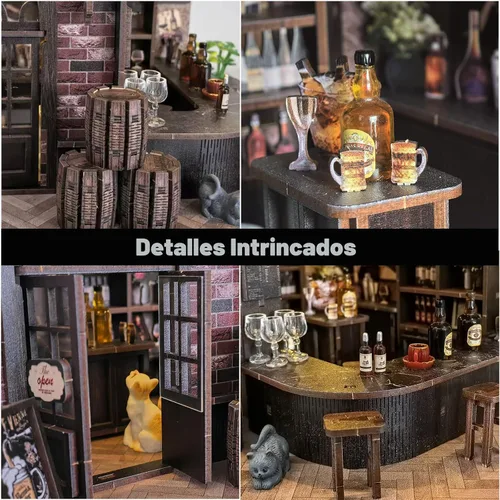 Miniatura 4 de Kit de rincón de libros, rompecabezas de madera 3D para bricolaje, casa en miniatura, taberna de esquina de pub vintage con luces LED, mini kit