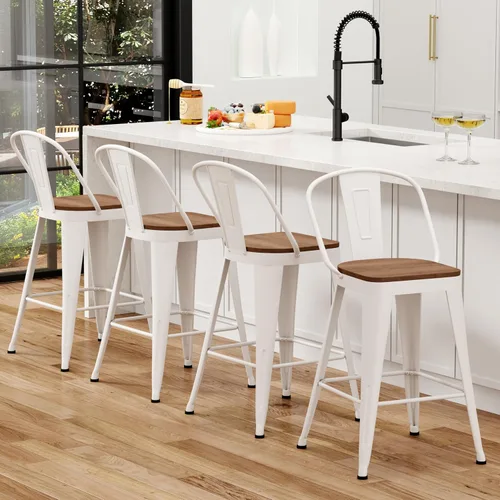 Miniatura 11 de Juego de 4 taburetes de bar de altura de mostrador para isla de cocina, estilo granja, sillas de bar de metal con respaldo alto, asiento de madera