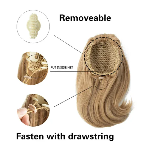 Miniatura 4 de CJL HAIR - Extensión de cola de caballo con clip de garra corto, cordón elástico, cabello rizado falso, balayage, pieza de cabello sintético, fibra