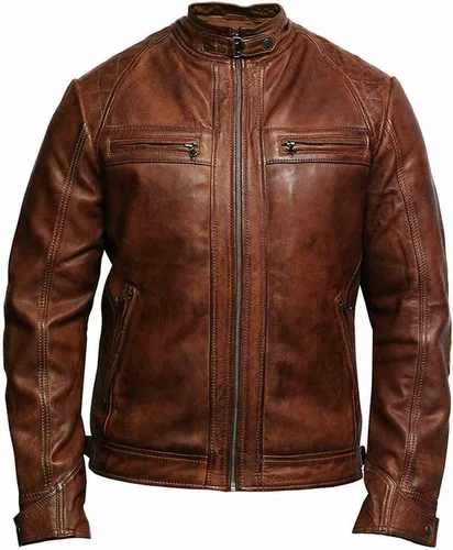 Chaqueta clásica vintage para hombre Cafe Racer, color marrón envejecido, acolchada, de cuero real, para motociclista, para montar en motociclista,