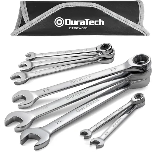 DURATECH - Juego de 8 llaves inglesas ajustables combinadas, SAE, 5/16" a 3/4", de acero al cromo vanadio, con bolsa de transporte
