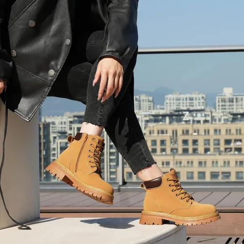 Miniatura 2 de JABASIC Botines de cuero para mujer, tacón bajo, con cordones, botas de combate, botas de trabajo de moda para exteriores