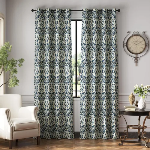 Miniatura 39 de jinchan Cortinas opacas de 90 pulgadas de largo, 2 paneles de medallón de damasco azul, cortinas de ventana para dormitorio, con ojales, aislamiento