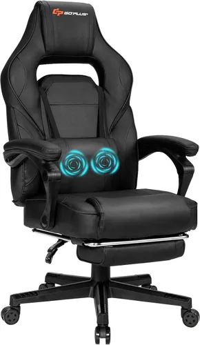 Goplus Silla de masaje para juegos, respaldo reclinable, ajuste de altura del asiento, silla de oficina para computadora de carreras con reposapiés,