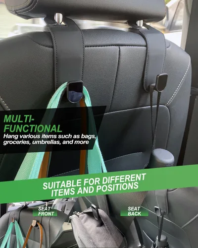 Miniatura 3 de Gancho para reposacabezas de asiento de automóvil, paquete de 2 ganchos de cuero para bolsos y bolsas para colgar accesorios de organización de Negro