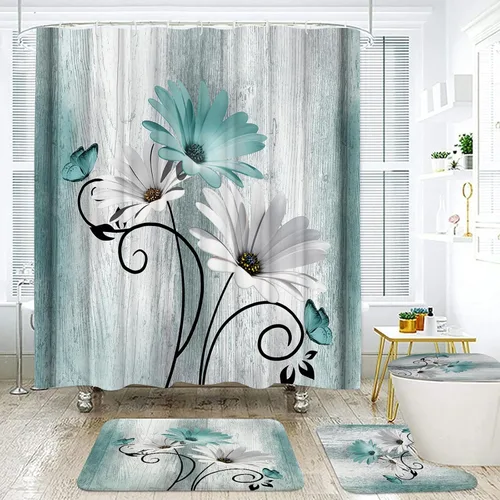 Miniatura 12 de Onalasyc Juego de 4 Piezas de Cortinas de Ducha con Flores de Margaritas Azules y Plantas, Cortina de Ducha y Alfombra y Accesorios, Juego