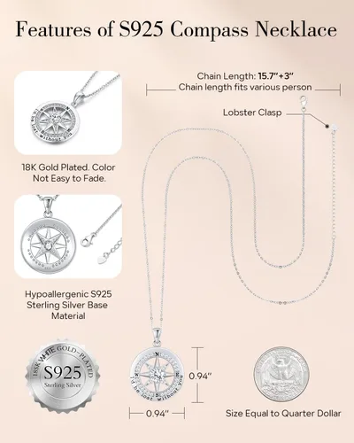 Miniatura 4 de S925 Necklace Gift for Wife Compass Jewelry Women Anniversary Sterling Silver Girlfriend Birthday Gifts for Her Valentines I'd be Lost without You