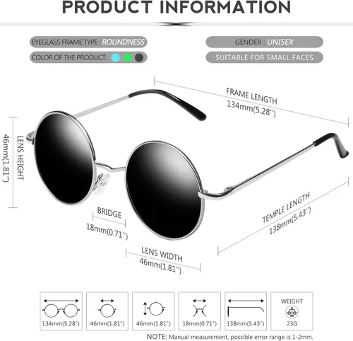 Miniatura 62 de KANASTAL Gafas de sol redondas polarizadas para mujeres y hombres, estilo hippie con protección UV400