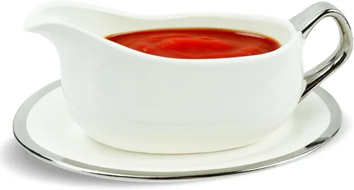 Cheardia Salsa de 14 onzas con bandeja, bote de salsa de cerámica blanca con borde plateado, mango ergonómico y boquilla grande antigoteo para