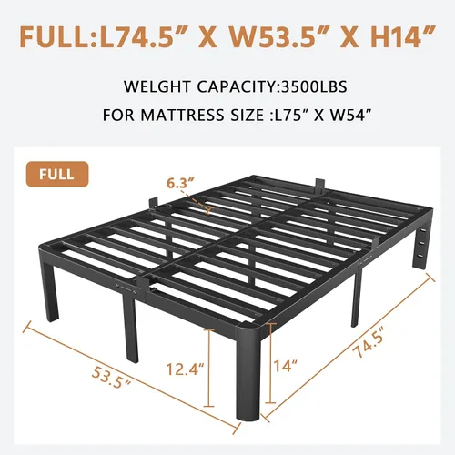 Miniatura 2 de Marco de cama de tamaño completo, no necesita somier, marco de cama de tamaño completo de metal de 14 pulgadas, agujeros para cabecero de bricolaje