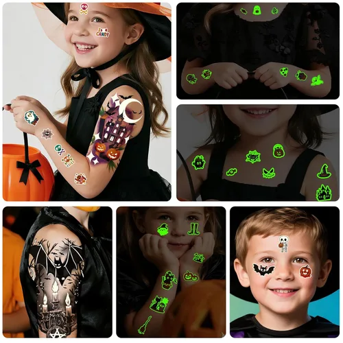 Miniatura 4 de 39 tatuajes temporales de Halloween que brillan en la oscuridad para adultos y niños, 9 tatuajes falsos realistas de media manga, calabaza