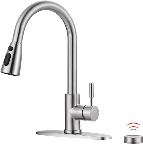 Miniatura 26 de WOWOW - Grifo de cocina cromado con rociador, grifo de fregadero de cocina extraíble de acero inoxidable con placa de cubierta, grifo de cocina