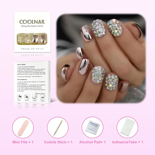 Miniatura 2 de Coolnail - Puntas de uñas postizas de acrílico rosa metálico sexy, strass rosa claro, espejo decorativo brillante, uñas artificiales cortas L5538