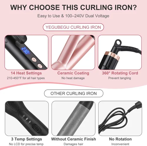 Miniatura 7 de Varita rizadora para cabello largo y corto, rizador de pelo de cerámica con temperatura ajustable de 14, estilizador de viaje de doble voltaje