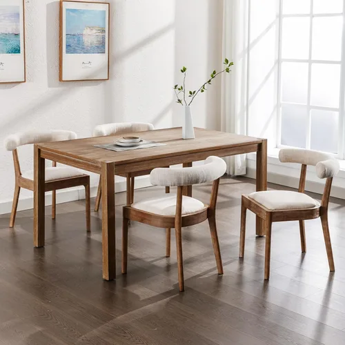 Miniatura 20 de Kmax Sillas de comedor de mediados de siglo, sillas de cocina de tela moderna con marco con acabado de nogal natural, respaldo curvado de lino, beige