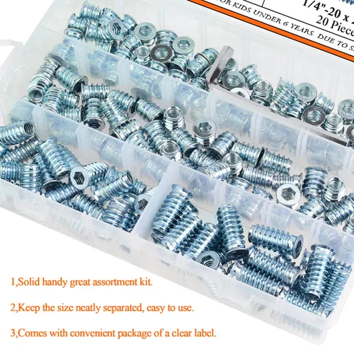 Miniatura 6 de Insertos roscados de 1/4-20, insertos de madera, insertos roscados de acero para tornillo de muebles de madera, kit de 145 piezas de insertos