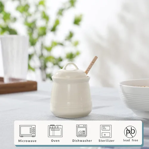 Miniatura 2 de Olla de cerámica para miel con tapa y cuchara de miel, tarro de miel de porcelana fácil de limpiar y apto para lavavajillas, 12 onzas (beige)