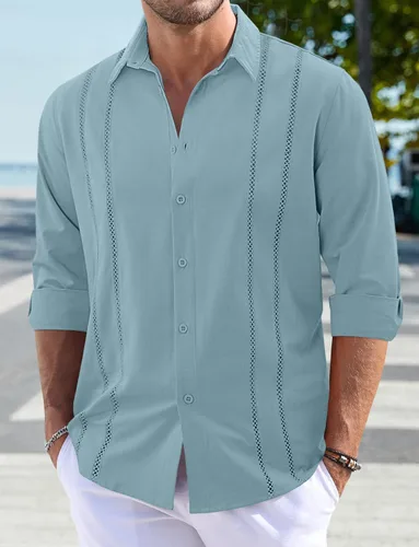 Miniatura 2 de Camisas de manga larga con botones para hombre, cuello con cuello, guayabera cubana, blusa casual de verano para la playa Azul (Blue Ashes)