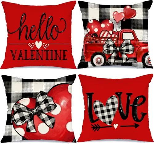 Miniatura 8 de GEEORY Fundas de almohada para el día de San Valentín "Te quiero más, sé mío" 18x18 pulgadas, juego de 4, corazones rojos, camiones, rayas, a