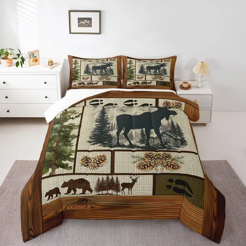 Miniatura 35 de Manfei Rutic Farmhouse - Juego de edredón tamaño King, juego de ropa de cama de retazos de madera a cuadros de ciervo, oso, árbol, 3 piezas