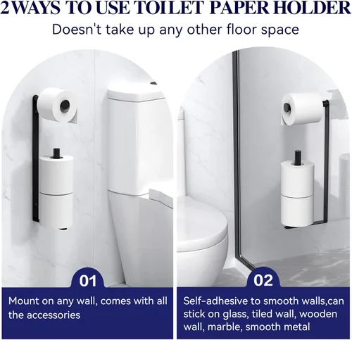Miniatura 5 de Longzon Soporte de papel higiénico negro mate de pared autoadhesivo, soporte de papel higiénico de almacenamiento para 3 rollos de papel de seda