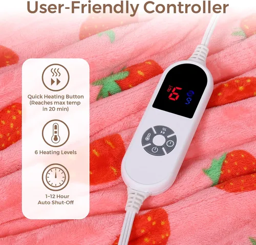 Miniatura 3 de Manta eléctrica con calefacción, manta de franela suave y Sherpa con 6 niveles de calentamiento y 12 horas de apagado automático, lavable a máquina