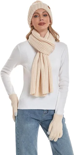 Miniatura 5 de Coolprince Gorro de invierno para mujer, bufanda larga, guantes para pantalla táctil, con forro polar, gorro de punto cálido con pompón