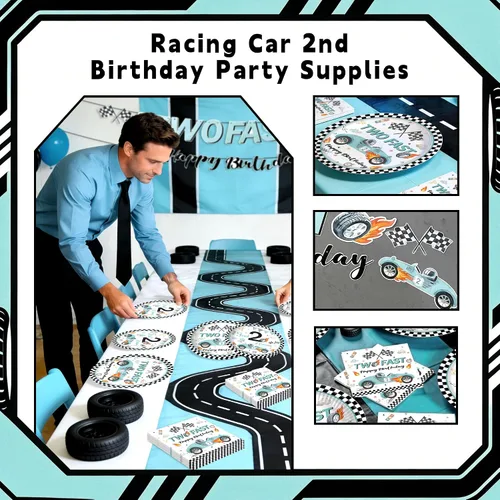Miniatura 3 de Decoración de fiesta de 2º cumpleaños de coche de carreras para niños, dos platos y servilletas de papel desechable, dos rápidos, dos, curiosos, 2