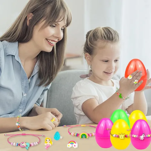Miniatura 5 de Relleno de cesta de Pascua para niñas y niños, huevos de Pascua rellenos de 6 huevos con pulsera colorida y anillo en el interior, huevos de Pascua