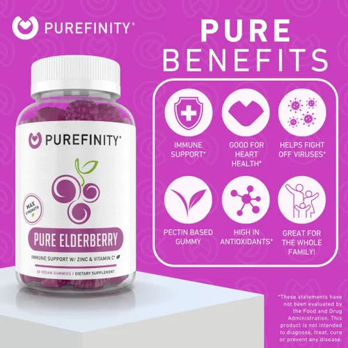 Miniatura 3 de PUREFINITY Gomitas de saúco con sambucus, vitamina C y zinc, tu suplemento diario perfecto 3 en 1 para niños y adultos, sin gluten, sin OMG