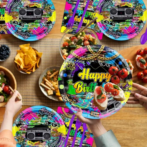 Miniatura 4 de Avezano Juego de 192 piezas de vajilla de fiesta de los años 80 para cumpleaños de los años 80, suministros de decoración de mesa retro de los 80