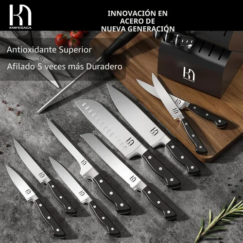 Miniatura 5 de KnifeSaga Juego de cuchillos, juego de 15 piezas de bloque de cuchillos de cocina, juego de cuchillos de chef japoneses de alta carbono de acero